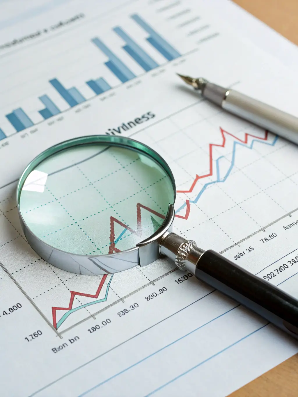 A graph showing upward financial growth, with a magnifying glass focusing on the increasing trend, representing investment potential.