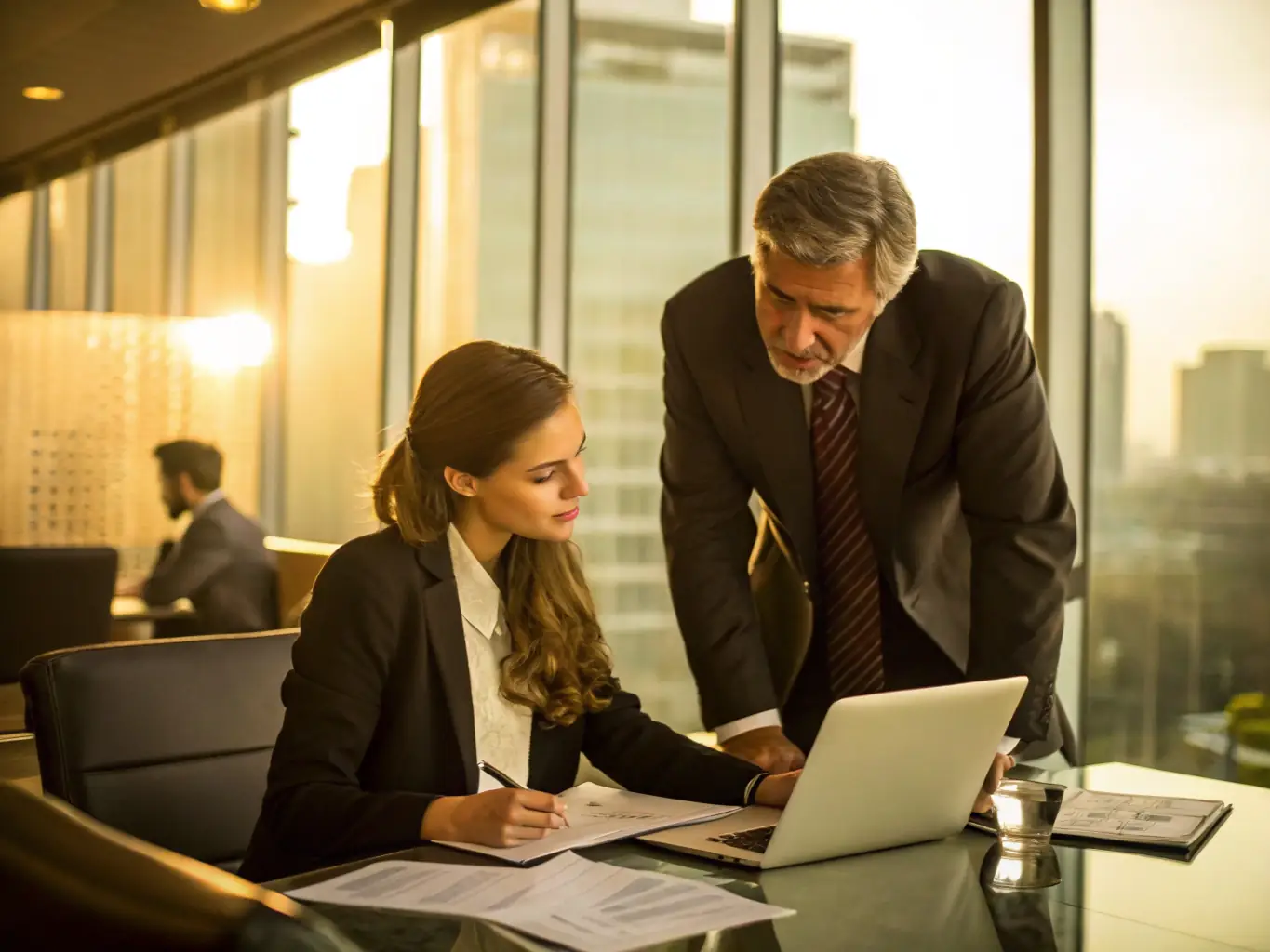 A professional consultant reviewing financial documents with a sole proprietor in a modern office setting, emphasizing a collaborative and supportive environment.