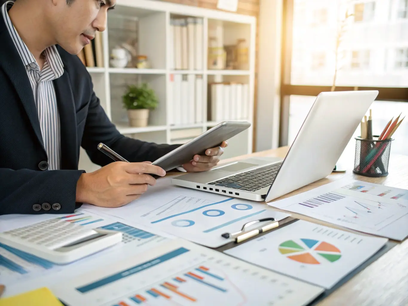 A sole proprietor confidently managing their finances using digital tools, showcasing the ease and efficiency of modern tax management.