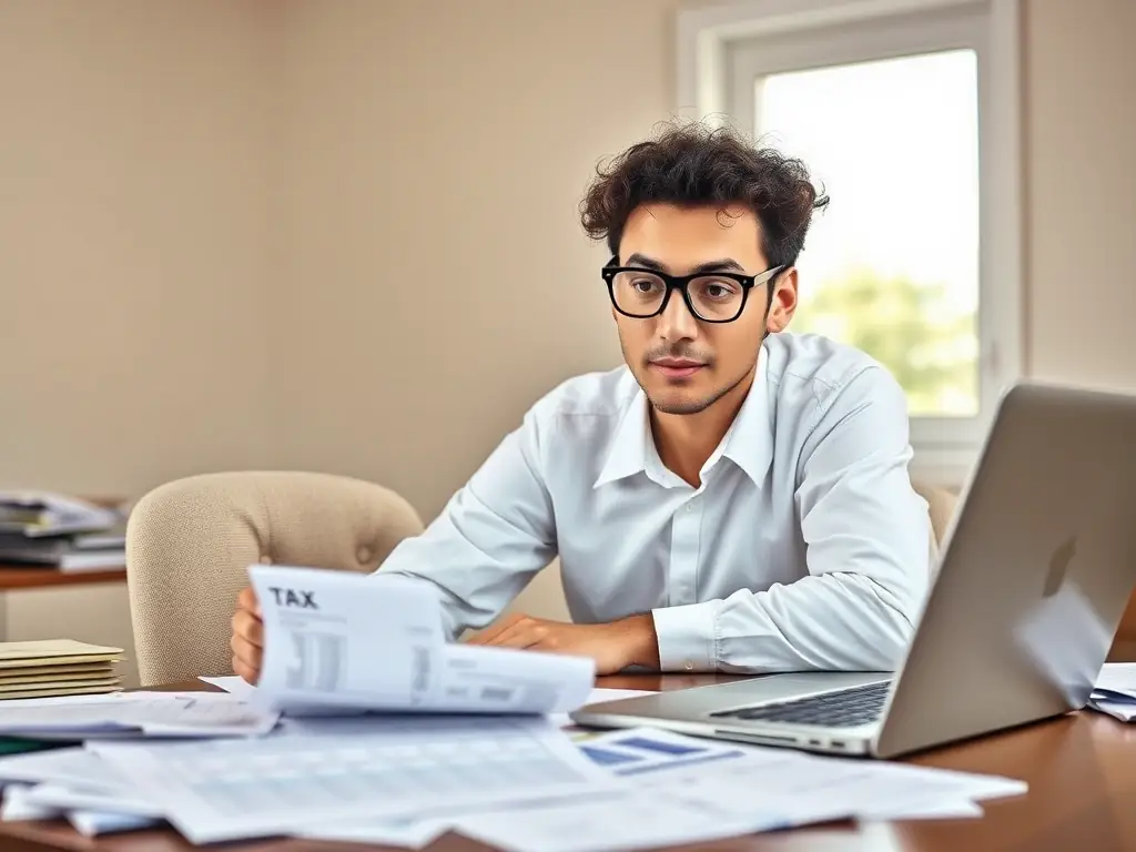 A sole proprietor reviewing financial documents at a desk, with a calculator and tax forms visible, symbolizing careful tax planning.